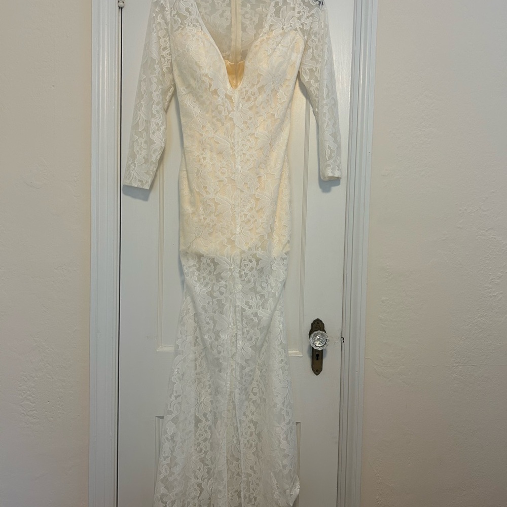 Cream Long Sleeve Plunge Gown